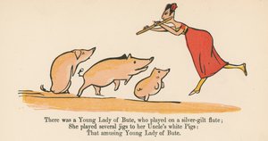 1875年にロンドンのフレデリックウォーンアンドカンパニーが発行した 『A Book of Nonsense』から、銀色のフルートで演奏した若い女性のビュートがいました。 作： エドワード・リア